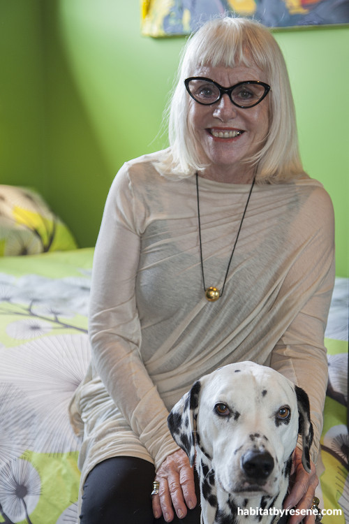 green bedroom, bedroom, bright green, dog