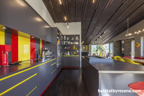kitchen, board and batten ceiling, grey kitchen, yellow kitchen, red and yellow, colourful kitchen