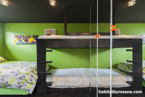 bedroom, green bedroom, bright bedroom, colourful bedroom, green and black, bunk beds