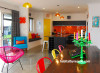 bright colours, dining room, kitchen, open-plan living, yellow door, painted door