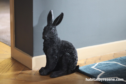 grey decor, dark grey paint, antique flooring, rabbit, French Oak floors, interior