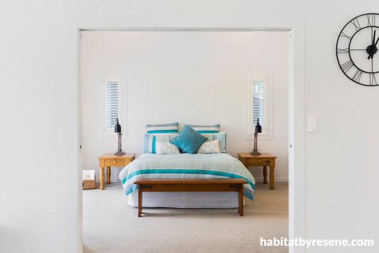 bedroom, white bedroom, white interior, resene white pointer, cottage, blue and white