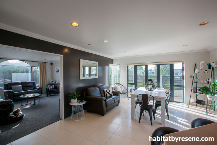 white, grey, black, living room, dining room, modern house, home, renovation, resene bokara grey