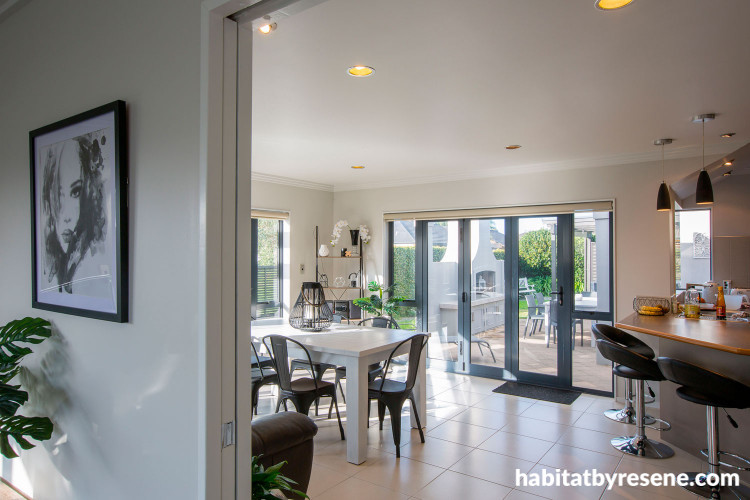 white, dining room, modern home, house, resene black white