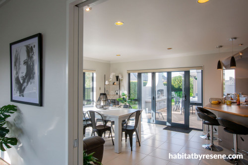 white, dining room, modern home, house, resene black white