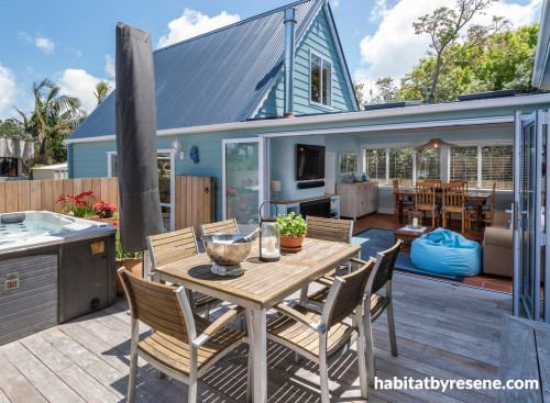 deck, blue exterior, blue cottage, resene whirlwind