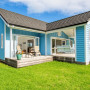 blue house, blue exterior, blue cottage, outdoor living, deck, blue painted weatherboards