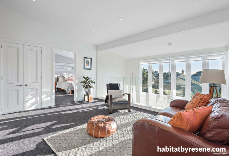 lounge, living room, white lounge, white living room, neutrals, resene alabaster, leather sofa