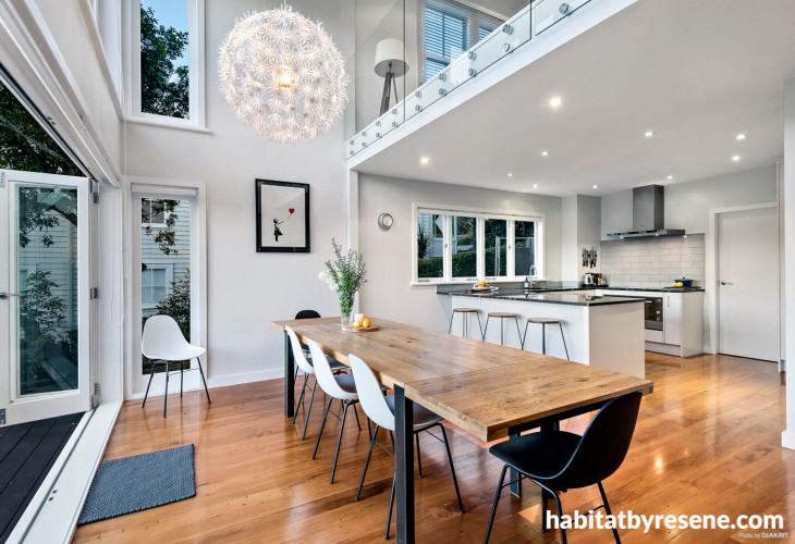 kitchen, dining room, open plan dining, white kitchen, black and white dining, modern kitchen