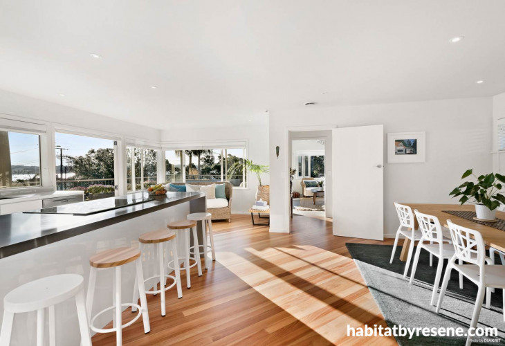 kitchen, white kitchen, open plan living, dining room, white dining room, sunny kitchen