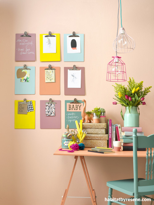 pink paint, interior, pastels, study inspiration, desk, painted clipboards