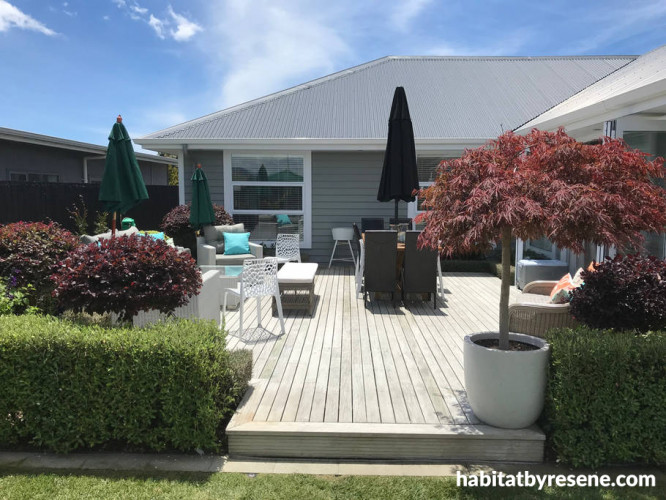 grey exterior, grey house, resene stack, garden
