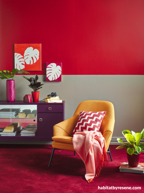 retro, red paint, interior design, grey paint, bright coloured room
