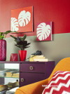 red paint, grey paint, interior design, bright coloured room, retro, stencil art 