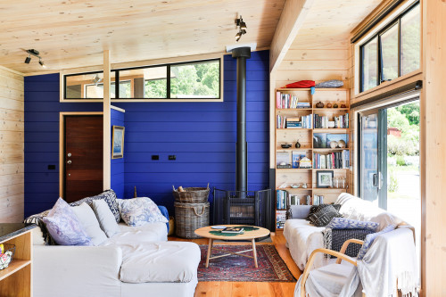 painted lockwood, lockwood interior, blue lockwood, blue feature wall, blue living room