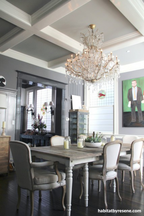 painted ceiling, ceiling inspiration, dining room, grey ceiling, grey and white paint