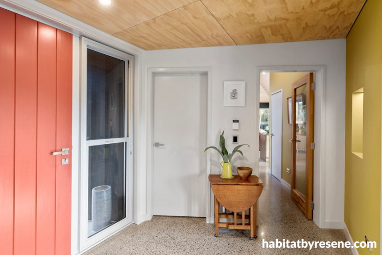 entranceway, red front door, yellow entranceway, plywood ceiling, colourful entranceway