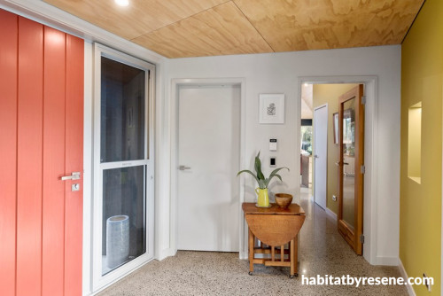 entranceway, red front door, yellow entranceway, plywood ceiling, colourful entranceway