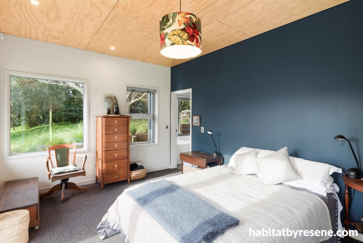 blue feature wall, blue bedroom, bedroom, plywood ceiling, blue and white bedroom