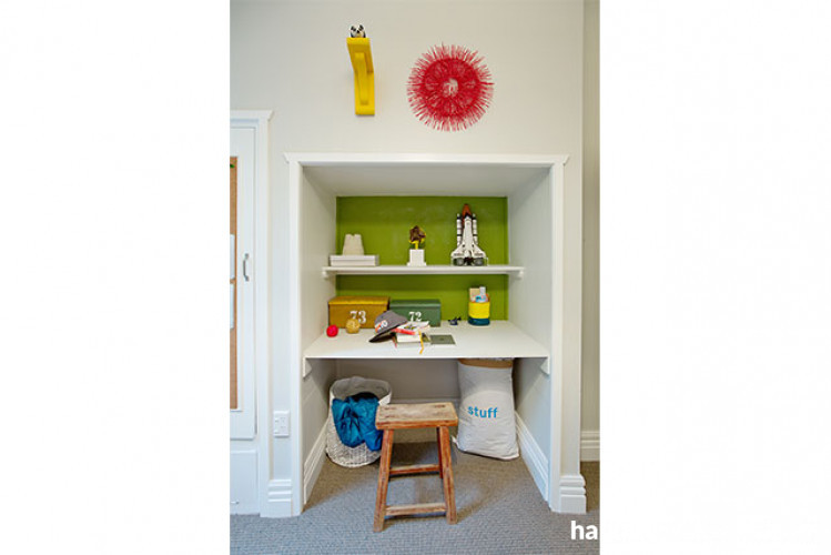 study nook, green study, green office, colourful office, colourful desk space, kids desk, children