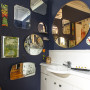 navy bathroom, inky blue paint, mirror wall, blue bathroom, deep blue 