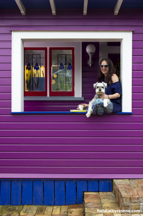 purple house, purple exterior, painted weatherboards, bright house, back porch