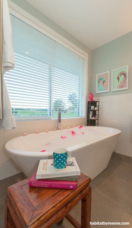 ensuite, bathroom, blue paint, interior, freestanding bath, white tiles