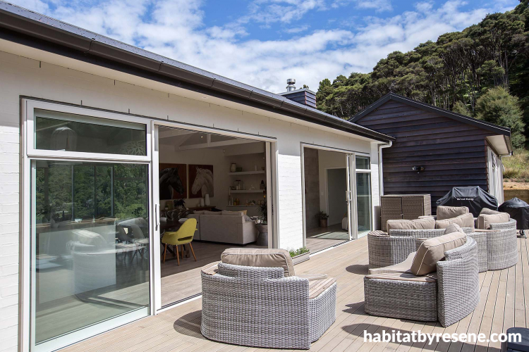 painted brick, timber cladding, stained timber