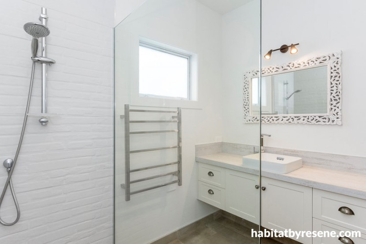 bathroom, white bathroom, brick bathroom tile, resene white pointer, cottage, white interior