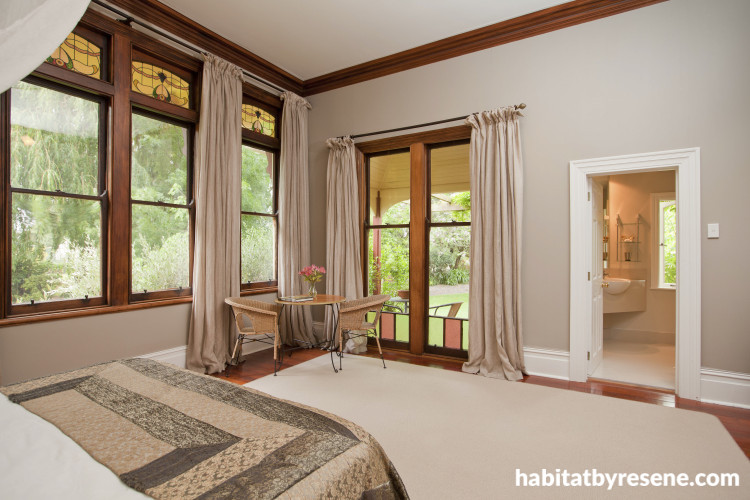 villa, renovation, stained glass window, bedroom, neutrals, neutral bedroom