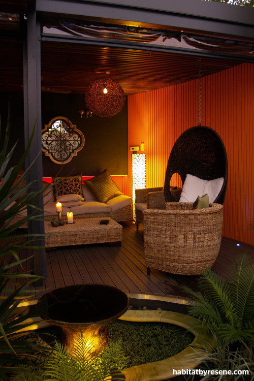pavilion, orange paint, black paint, timber, feature wall, garden 