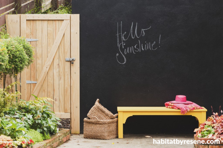 outdoor living, garden, painted garden bench, yellow garden bench, painted furniture, upcycled 