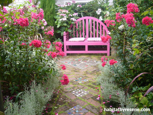 garden, garden seat, courtyard, pink seat, pink paint, exterior, pink garden