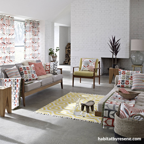 living room, lounge, retro lounge, white living room, painted brick wall, concrete floors