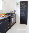 black and white kitchen, black cabinets, white kitchen tiles, blackboard paint, kitchen makeover