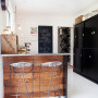 kitchen, white tiled kitchen, black kitchen cupboards, recycled timber, interior design