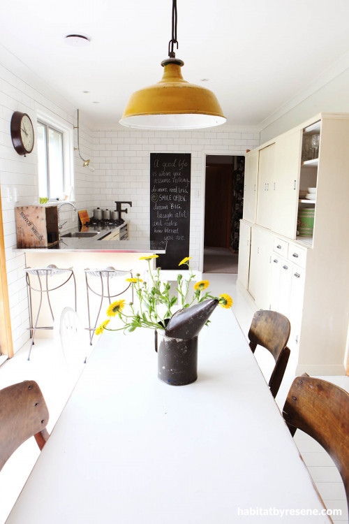 dining room, kitchen, upcycled cabinets, white kitchen tiles, cream paint