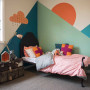 kids bedroom, children's bedroom, geometric painted wall, feature wall, blue and green paint 