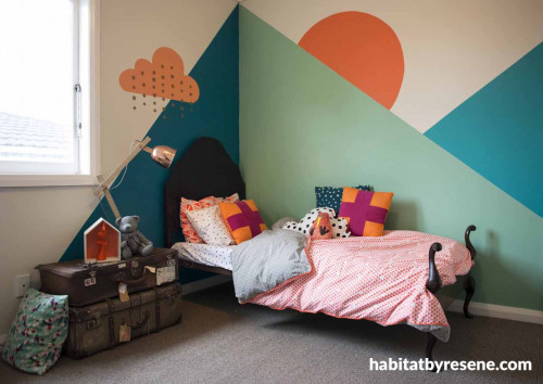 kids bedroom, children's bedroom, geometric painted wall, feature wall, blue and green paint 