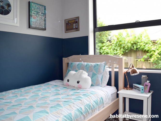 bedroom, kids bedroom, childrens bedroom, blue bedroom, blue feature wall, deep blue