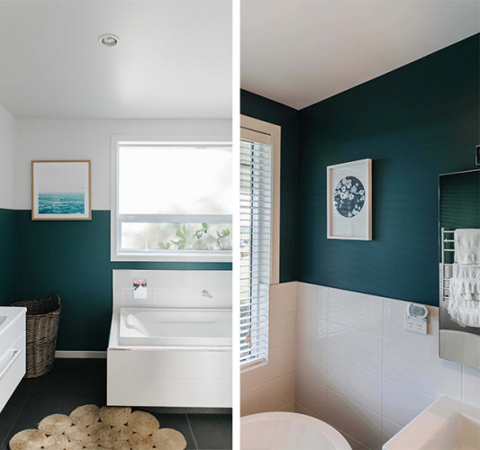 bathroom, green bathroom, blue bathroom, bathroom feature wall, blue and white interior