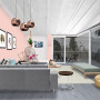 living room, lounge, pink feature wall, pink and grey, interior design