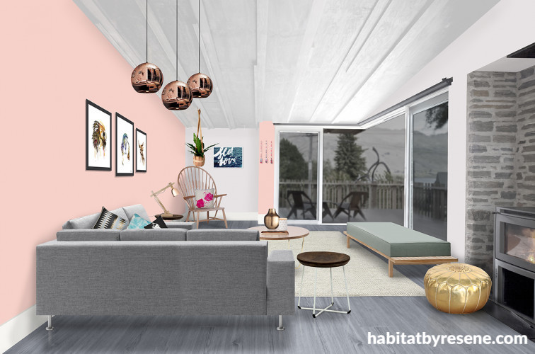 living room, lounge, pink feature wall, pink and grey, interior design
