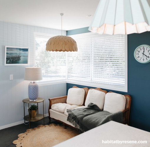 tongue and groove paneling, feature wall, grey living area, grey lounge, blue feature wall