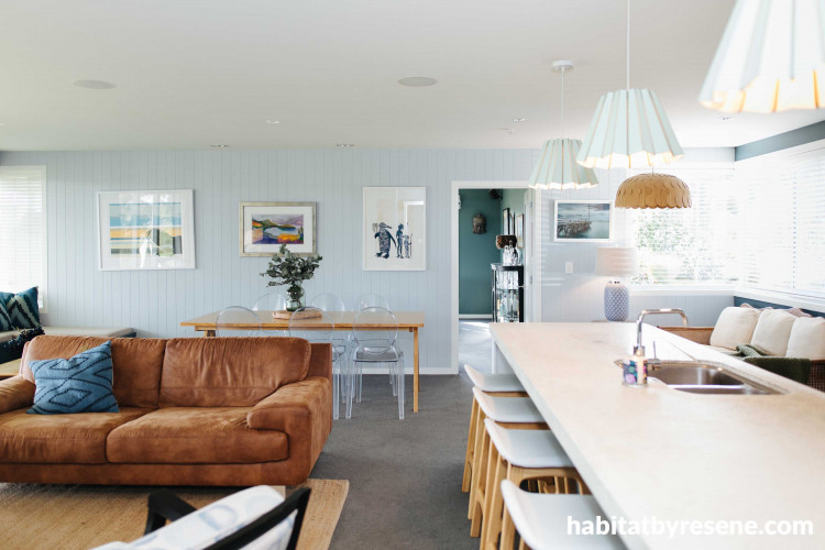 blue living room, grey lounge, grey living room, tounge and groove feature wall, open plan