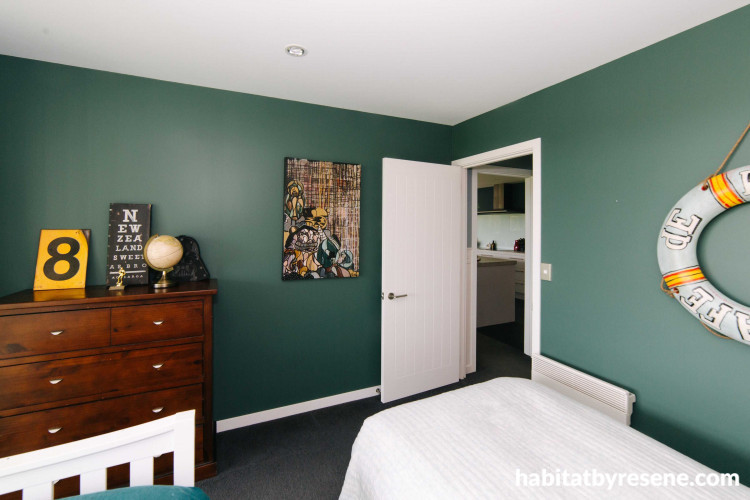bedroom, kids bedroom, childrens bedroom, green bedroom, green feature wall, dark green