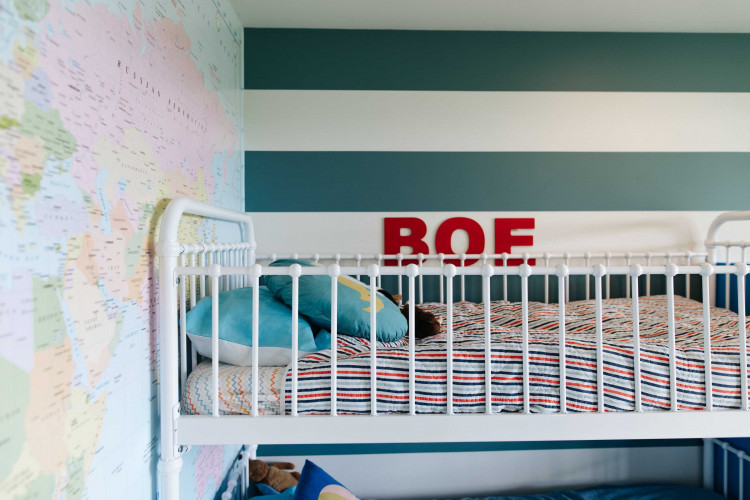 kids bedroom, childrens bedroom, striped feature wall, blue feature wall, painted wall stripes