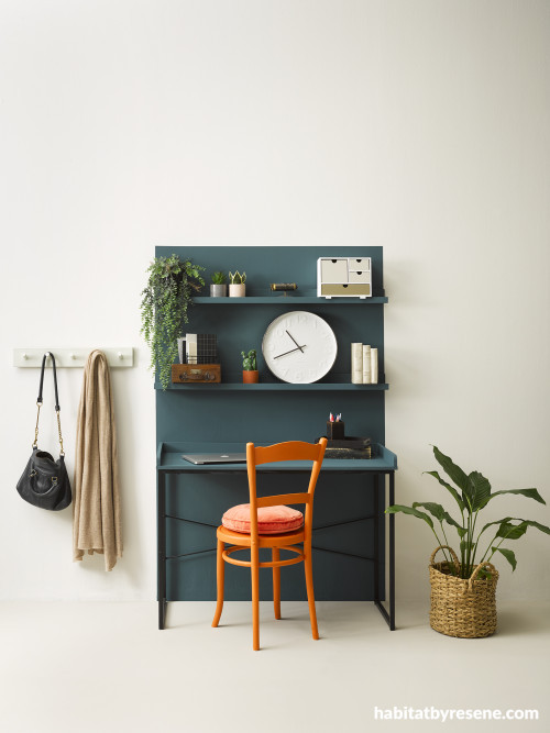 desk inspiration, green desk, desk plants, orange chair, Resene