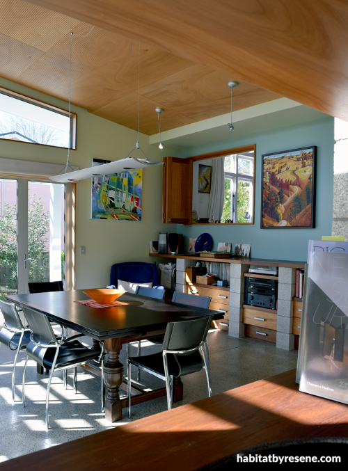 dining room, blue, green, colour blocking, timber ceiling, paint ideas, paint trends