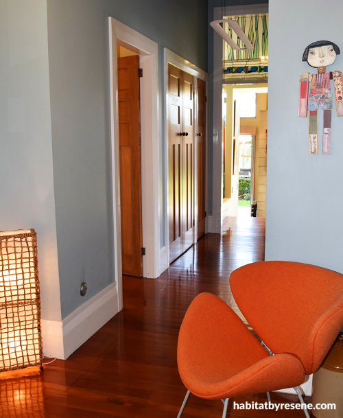 hall, hallway, stairs, blue, bungalow, paint ideas, paint trends